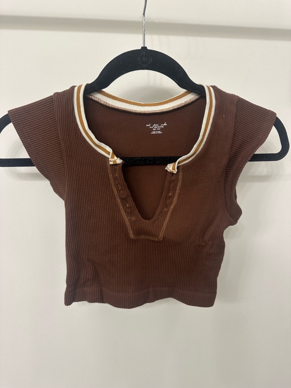 Urban Outfitters Brown Ribbed V-Neck Crop Top with Cream & Tan Trim
